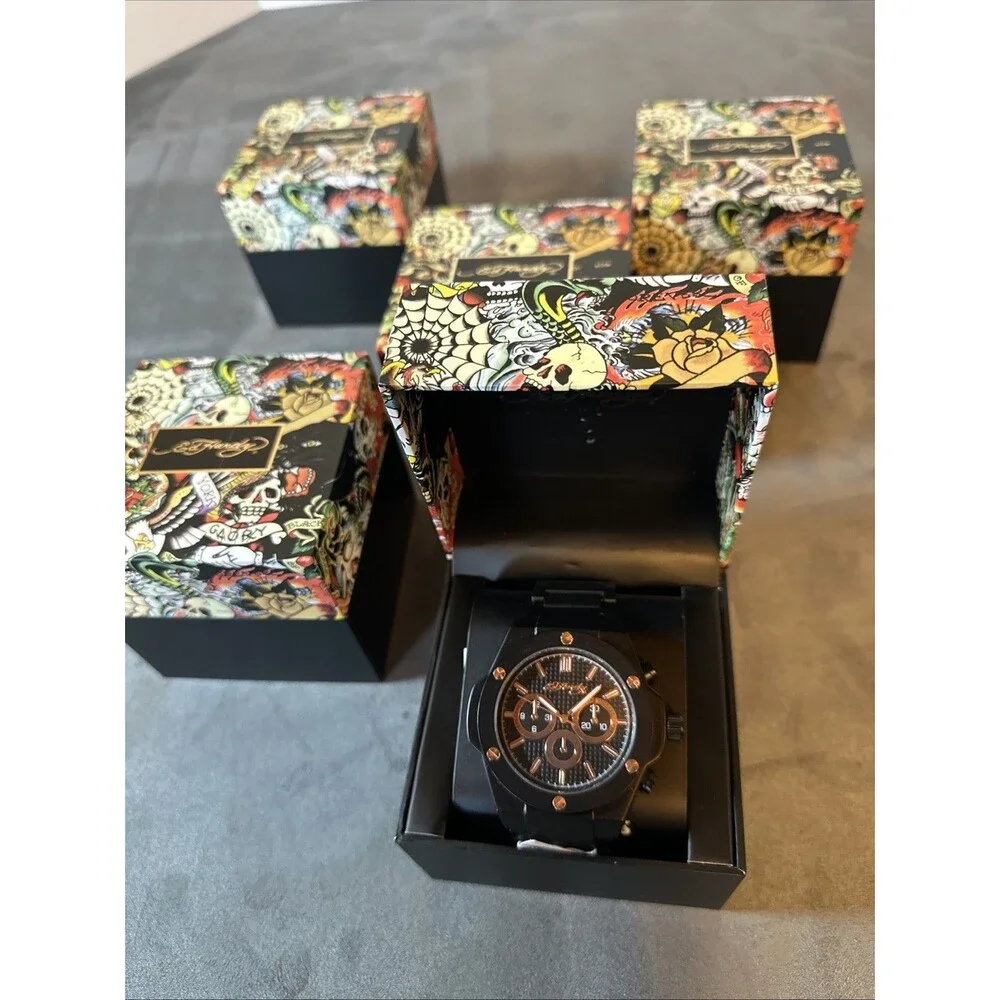 Ed Hardy Watch New In Box Black Stainless Steel Rose Gold Quartz Screw Accent
